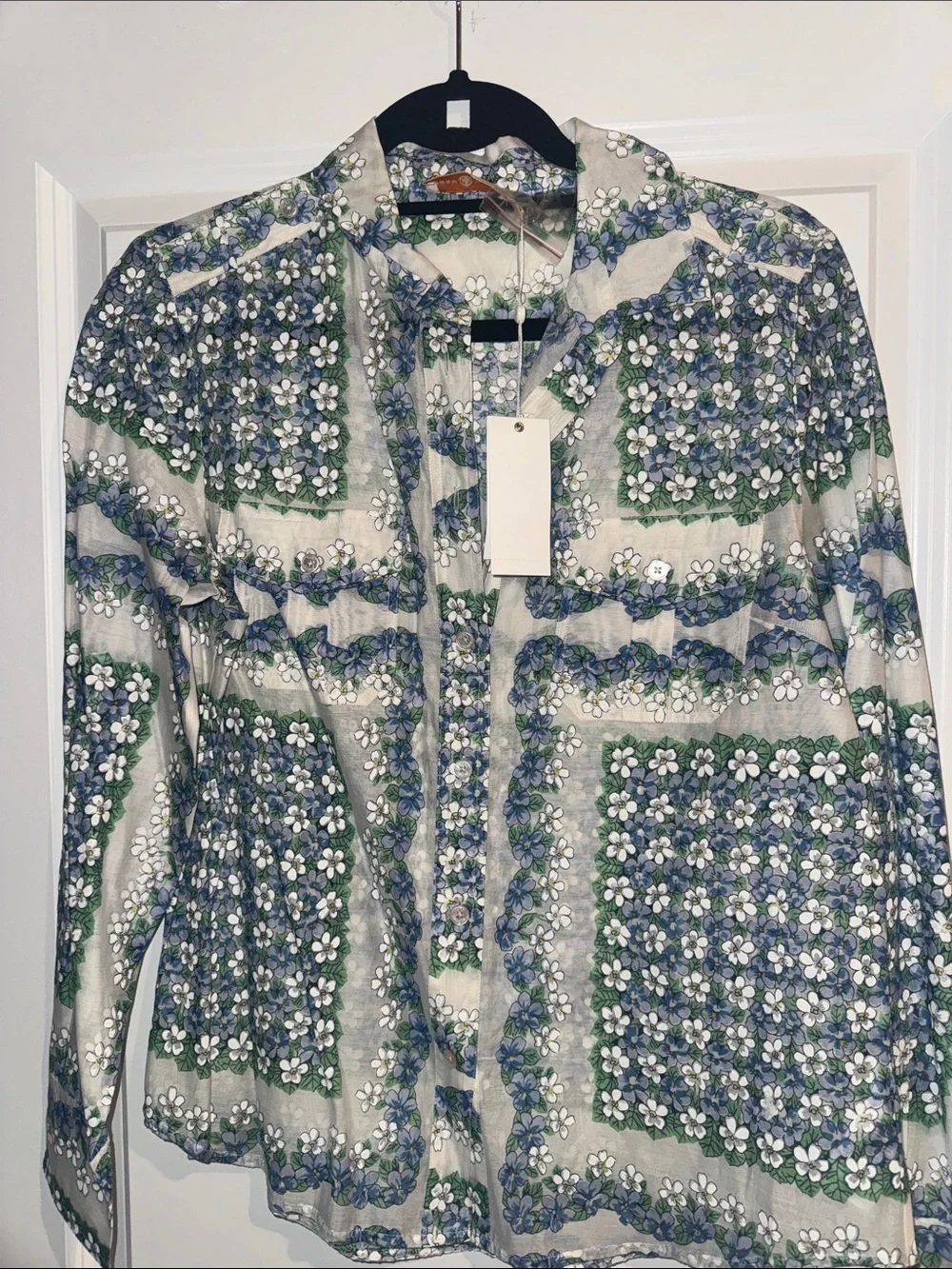 Tory Burch Green, Blue & White Floral Button-Down Shirt